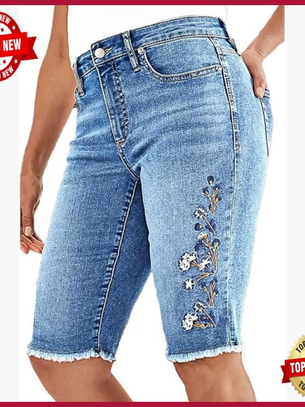 Mid Rise Stretchy Raw Hem Floral Embroidery Bermuda Denim Shorts